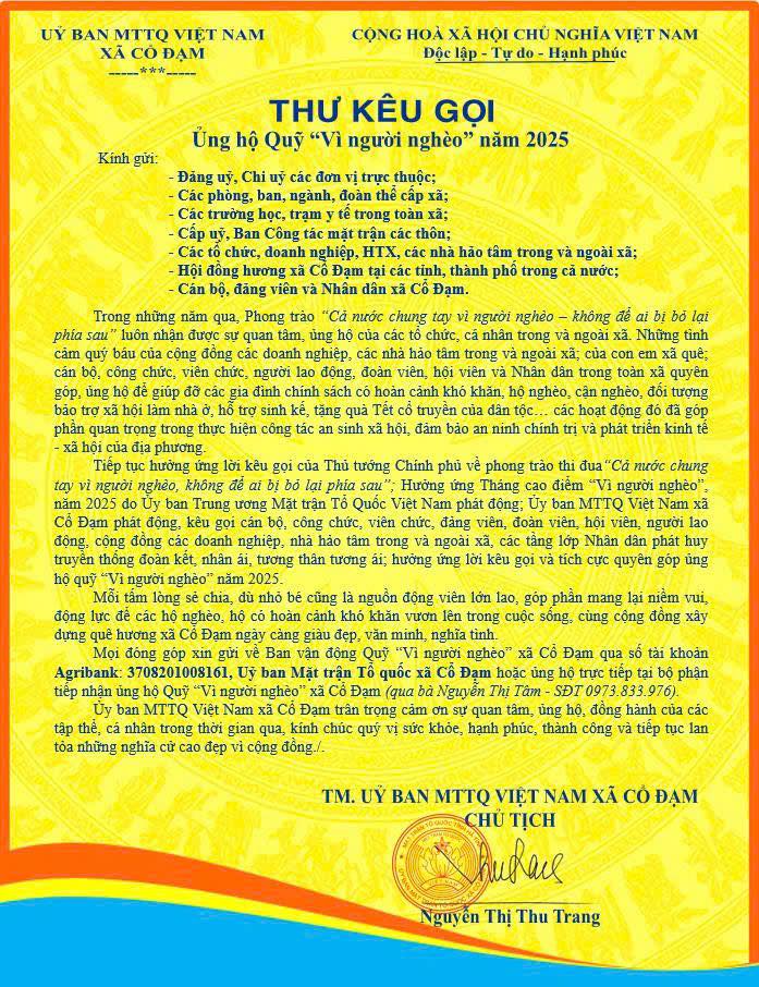 Thư kêu gọi ủng hộ Quỹ “Vì người nghèo” năm 2025