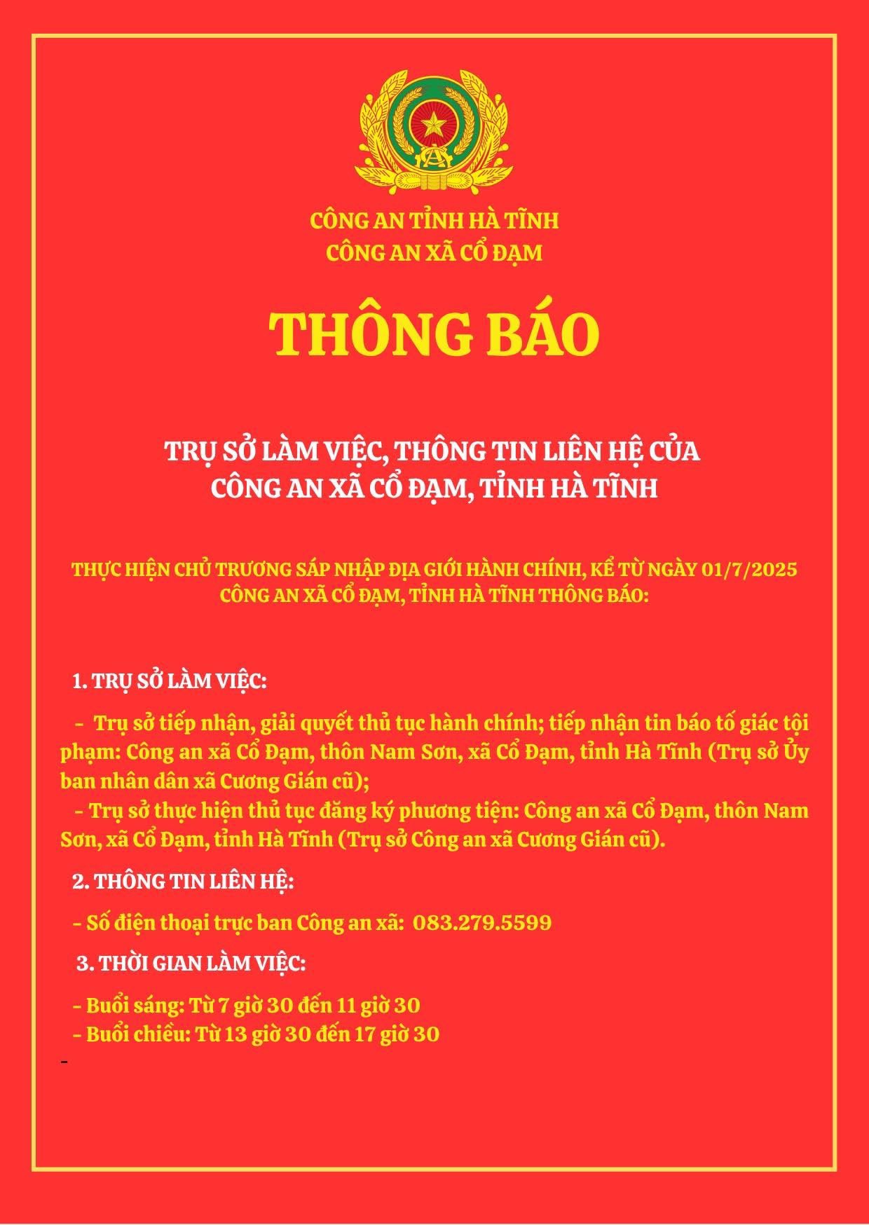 Thông báo trụ sở làm việc, thông tin liên hệ của công an xã Cổ Đạm