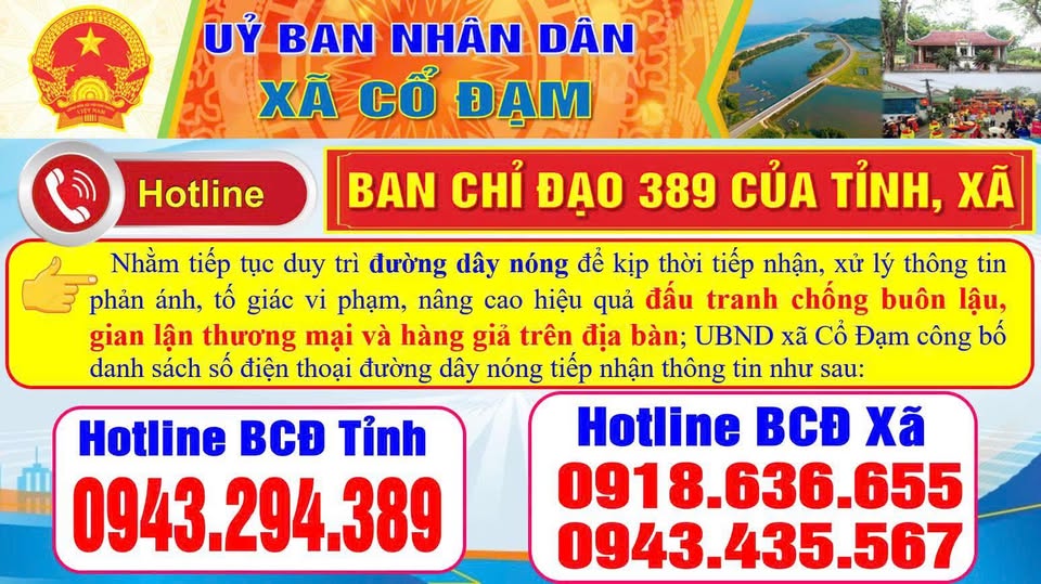 Thông báo số điện thoại đường dây nóng của Ban chỉ đạo 389 ( Chống buôn lậu, gian lận thương mại và hàng giả) xã Cổ Đạm