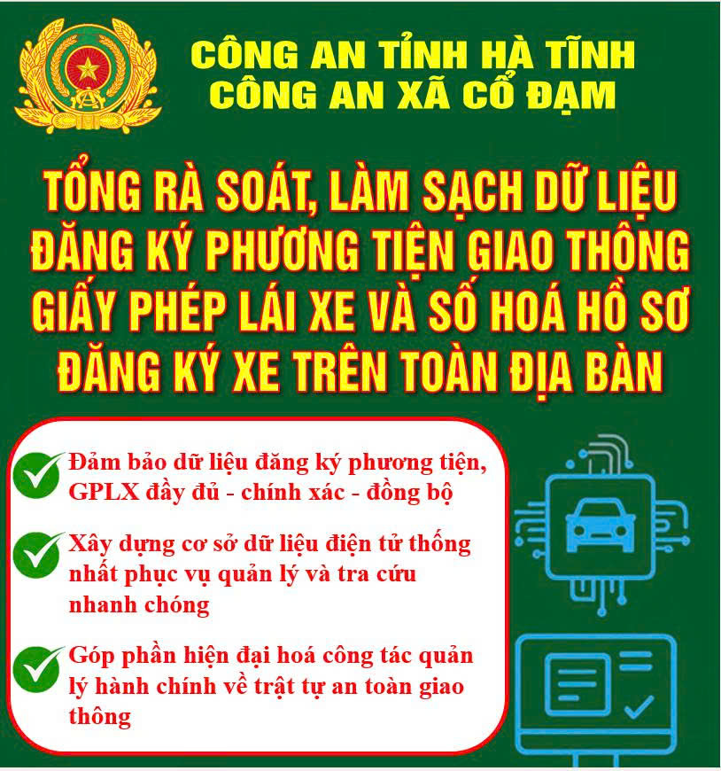 THÔNG BÁO Về việc tổng rà soát, làm sạch dữ liệu đăng ký phương tiện, giấy phép lái xe và số hóa hồ sơ đăng ký xe trên địa bàn xã 