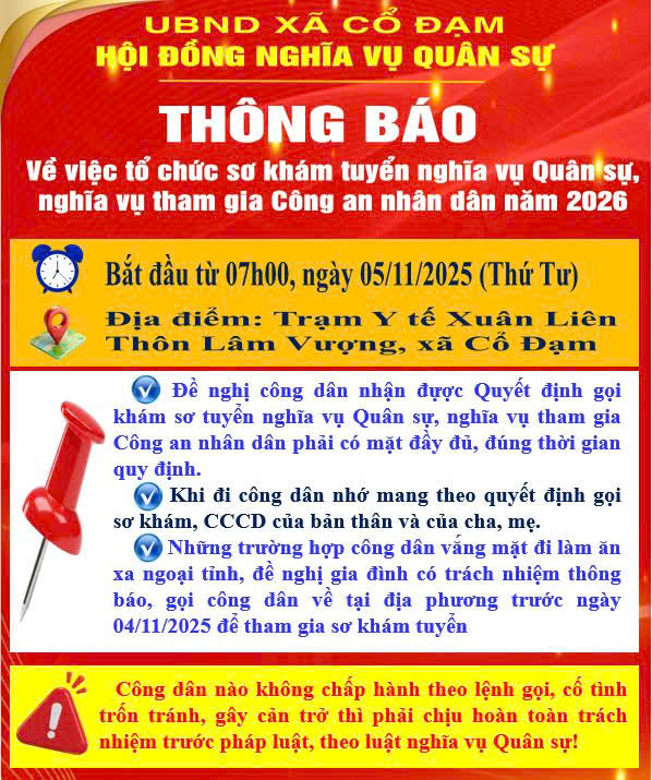 Thông báo Về việc tổ chức sơ khám tuyển nghĩa vụ quân sự, nghĩa vụ tham gia công an nhân dân năm 2026