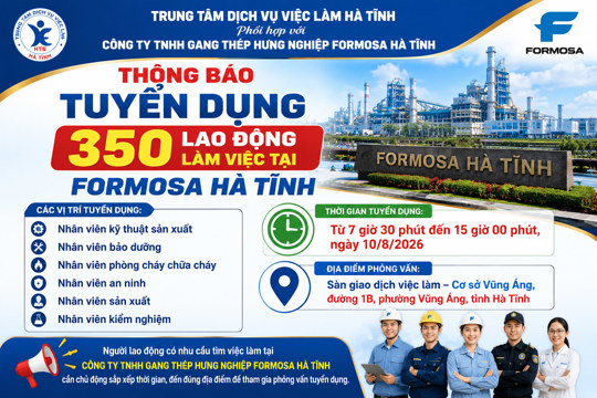 Công ty TNHH Gang thép Hưng Nghiệp Formosa Hà Tĩnh tuyển dụng 350 lao động