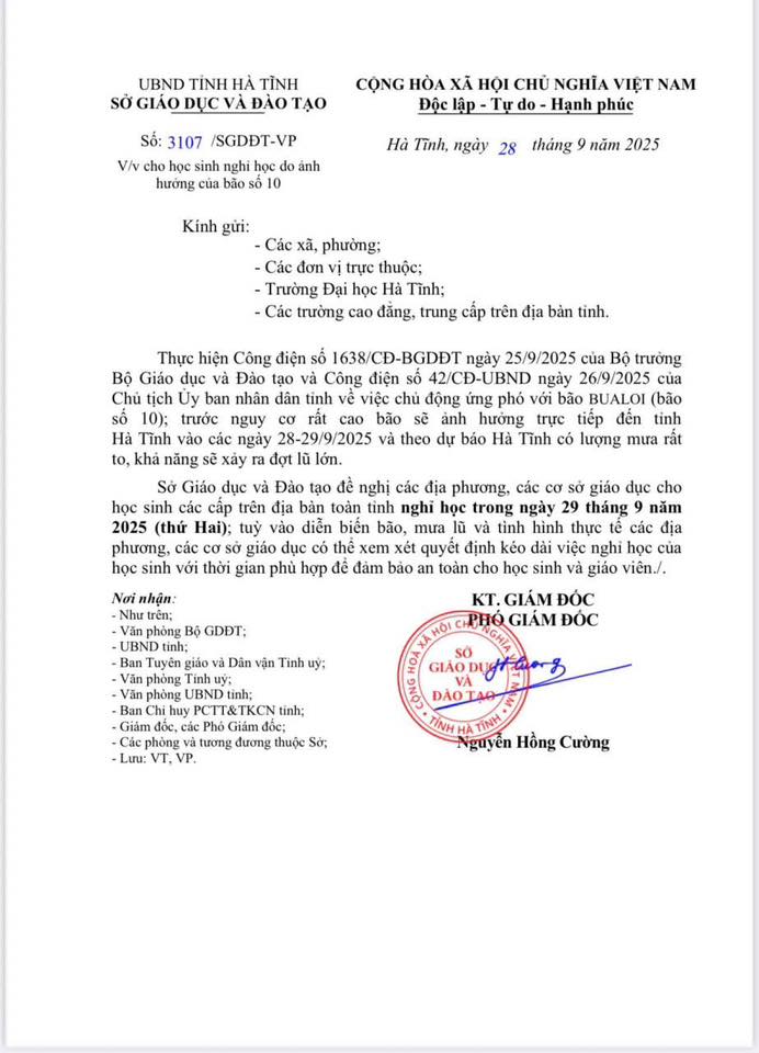 Thông báo về việc cho học sinh toàn tỉnh nghỉ học để đảm bảo an toàn trước bão số 10 Bualoi 