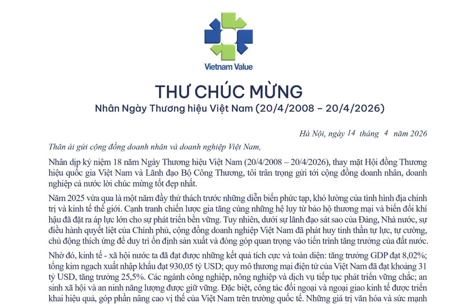 Thư chúc mừng của lãnh đạo Bộ Công Thương nhân Ngày Thương hiệu Việt Nam 